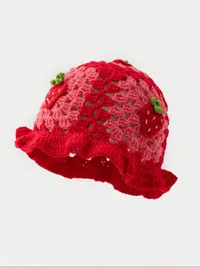 Women's Handmade Strawberry Knit Hat, Bohemian Hollow Out Ruffle Fisherman Cap, Cute Breathable Foldable Hip-Hop Casual Hat