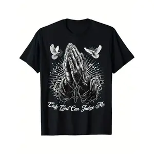Only God Can Judge Me T-Shirt Prayer Hands Chicano Tattoo Doves Graphic Tee Vintage Minimalist Quick-Dry Moisture Wicking Unisex Daily Wear Gift