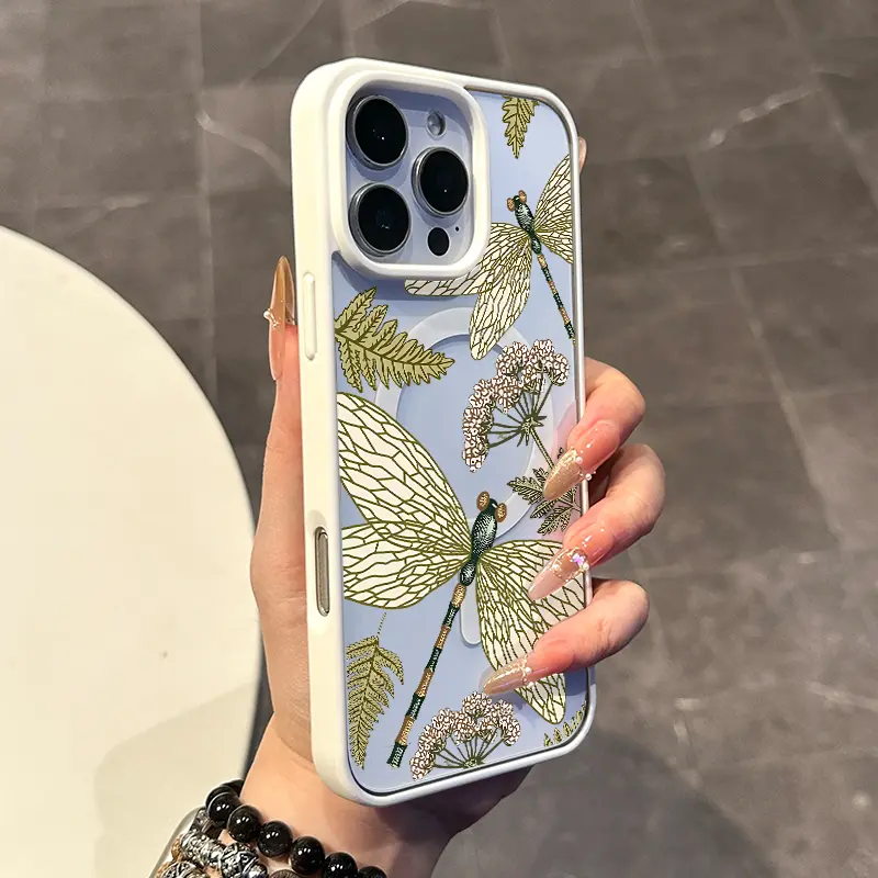 Chic Magnetic Smartphone Case for iPhone 11/12/13/14/15/16 & Pro Max, Classical Bouquet Dragonfly Design, MagSafe Ready, Anti-Slip, Ultra Thin, Handheld Device Protection, Resistance for Daily Aesthetic Use