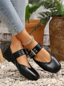 Mary Jane Shoes, Vintage Square Toe Design, Elegant Classy Ballet Flats, Metal Buckle Decor, PU Leather, Casual, All Seasons, Sweet Cool Style, Footwear