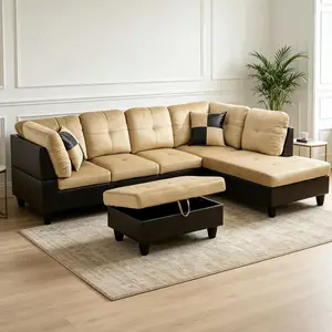 VClassic beige brown upholstered seating suite balances warm texture and easy maintenance. The PVC layer prevents liquid penetration, while soft lint brings comfortable touch, ideal for daily leisure and friend gatherings.