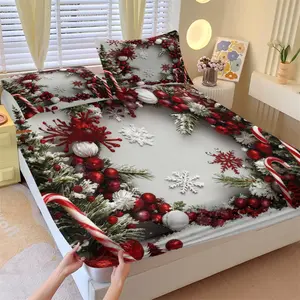 Christmas Floral Velvet Fitted Sheet Set  (2 Pillowcases) | Soft & Cozy, Great Festival Gift Choice, Bedroom Turns into a Warm Christmas Space in Seconds