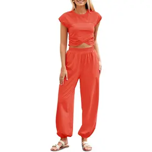 FMEYOA Women's Two Piece Outfits Casual Lounge Sets Crop Tops and Joggers Tracksuit with Pockets