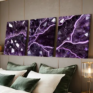 3 Counts Wooden Framed Canvas Painting, Shiny Purple Crystal Geode Images, Exquisite Poster, Perfect Gift, Decor For Living Room, Bedthroom, Modern Art, Fashion Family Poster, Wall Art Decoration