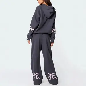 NEW Women's 2 Piece Lounge Sets �C Bow Trim Print Hoodie & Wide Leg Sweatpants Comfort Sweat Set, Fall Fashion Oversized Sweatshirts, Fitted Long Sleeve Casual Tracksuit, Basic Womenswear Loungewear, Streetwear Matching Set