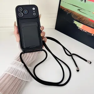 Fashion Solid Color Cellphone Case for Smartphone iPhone 11 to 17 Pro Max, Includes Lanyard and Card Holder, Soft Matte Material, Portable Crossbody Strap