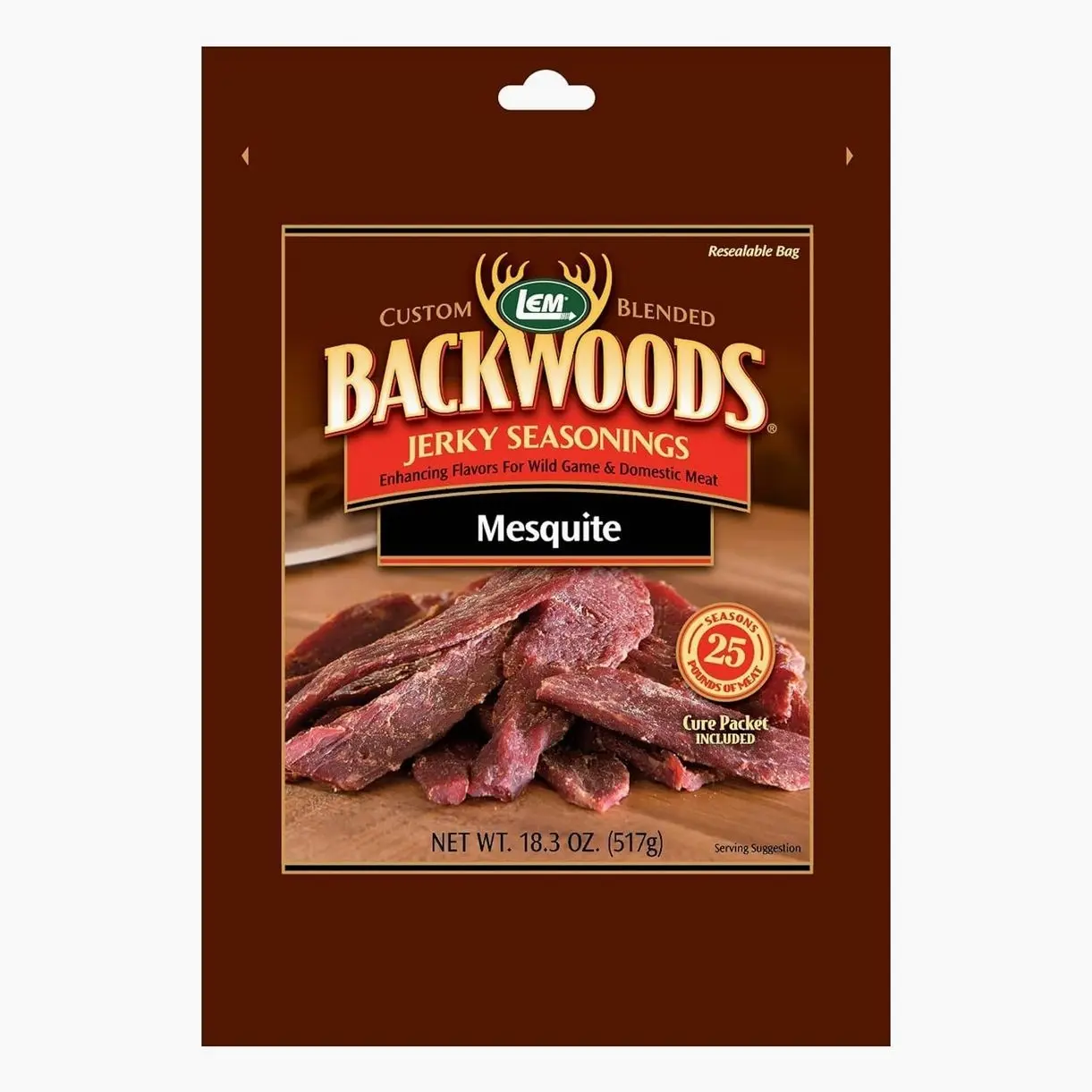 LEM Products Backwoods Mesquite Jerky Seasoning, Ideal for Wild Game and Domestic Meat, Seasons Up to 25 Pounds of Meat, 18.3 Ounce Packet with Pre-Measured Cure Packet Included