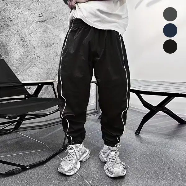 Men's Navy Blue Lightweight Quick-Dry Active Jogger Pants with Drawstring & Elastic Waistband Loose Fit Striped Detail All-Season Polyester Fabric Joggers