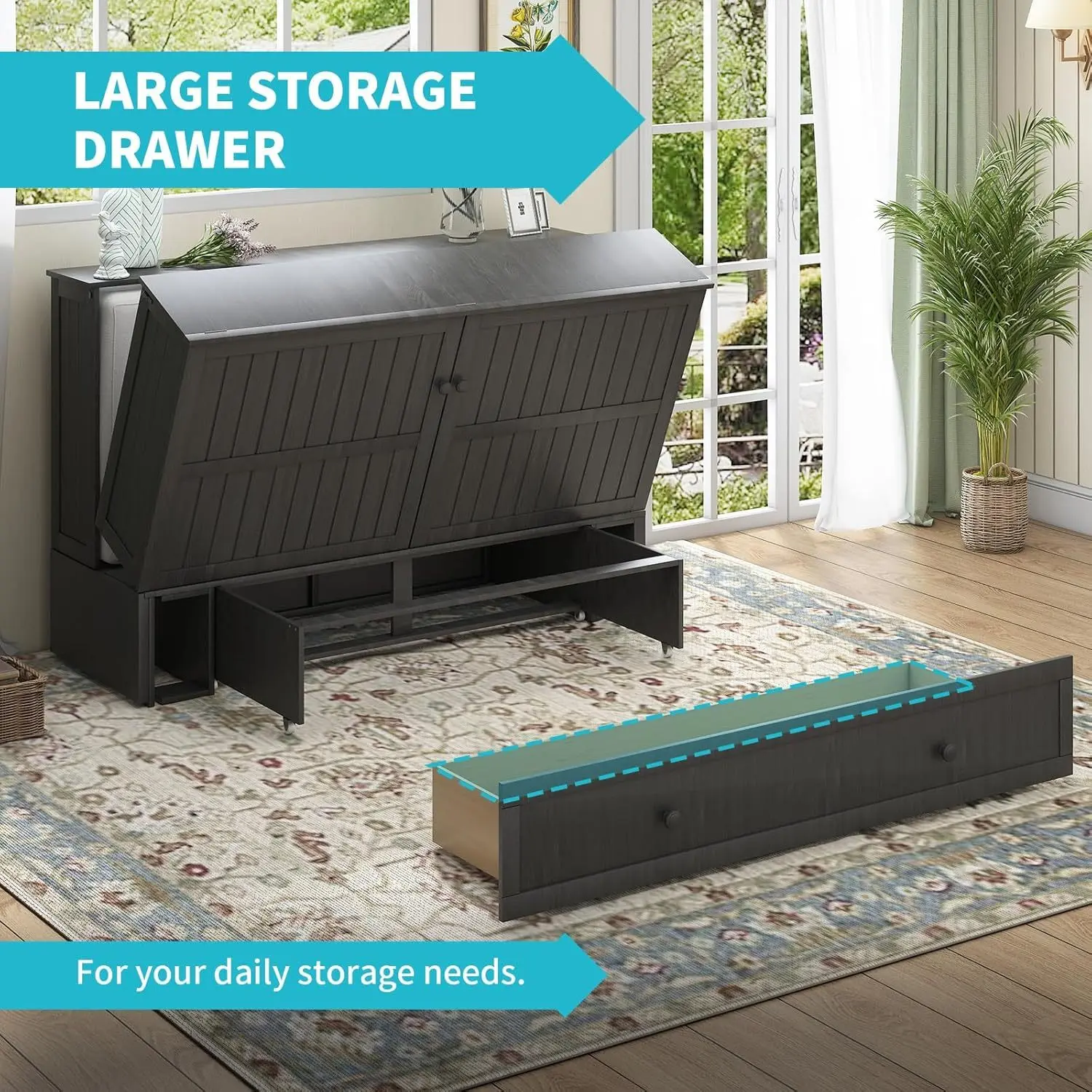Queen Size Murphy Bed, Cabinet Bed with Memory Foam Mattress, Foldable Space-Saving Cube Murphy Bed with Charging Station and Storage Drawer for Bedroom, Small Space