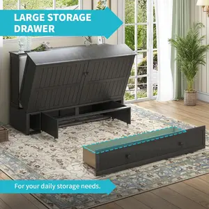 Queen Size Murphy Bed, Cabinet Bed with Memory Foam Mattress, Foldable Space-Saving Cube Murphy Bed with Charging Station and Storage Drawer for Bedroom, Small Space