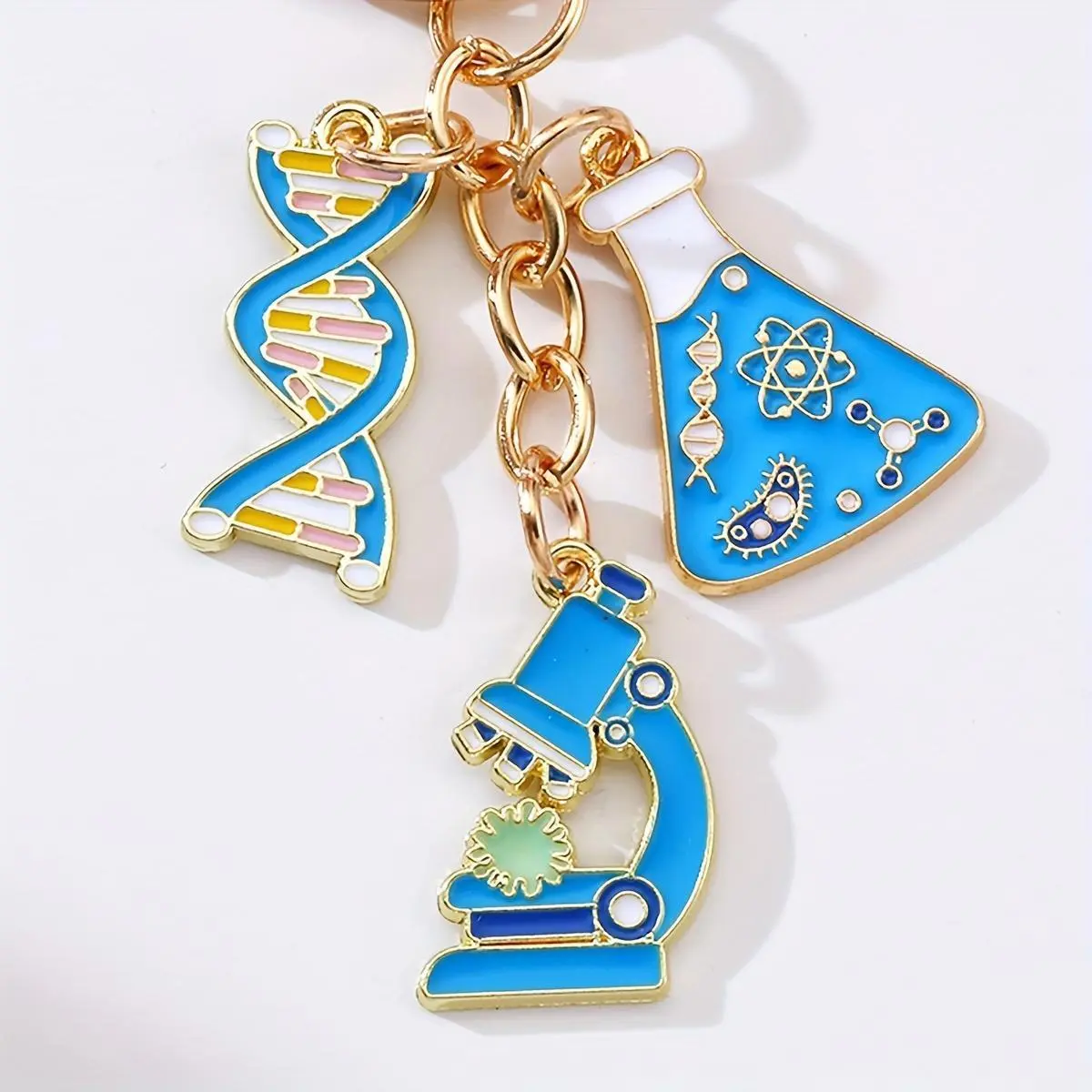 Women's D-Clasp Compact Character Charm EDC Blue Accents Keychain - 1pc Science-Themed Key Ring with DNA, Microscope, Beaker Pendants, Fashion Accessory for Science Enthusiasts, Character Charm Keychains, Edc Keychains