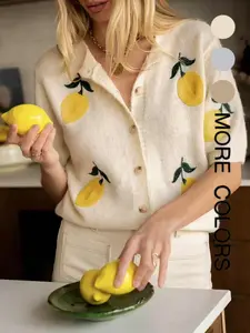 Women's Lemon Embroidery Sweater Cardigan, Casual Short Sleeve Knitwear for Daily Wear, Ladies Knitting Clothes for All Seasons, Tops