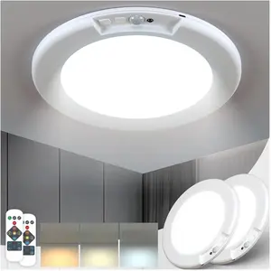 Rechargeable Motion Sensor Ceiling Light - 2 Pack Battery Operated New Light w/ Remote | Ultra-Thin | 400LM Magnetic Suction Wireless Lights, for Closets, Indoor, Stairs, Hallway, Shower Led Lighted