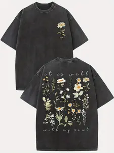 Men's Vintage "It Is Well with My Soul" Floral Graphic Tee - 230g Washed Cotton, Distressed Streetwear, Drop Shoulder, Loose Fit Shortsleeve, Round Neck, Summer Casual Sports Clothes, Whimsical Clothes, Funny Shirts, Mens Gifts, Vintage Menswear Top Crewn