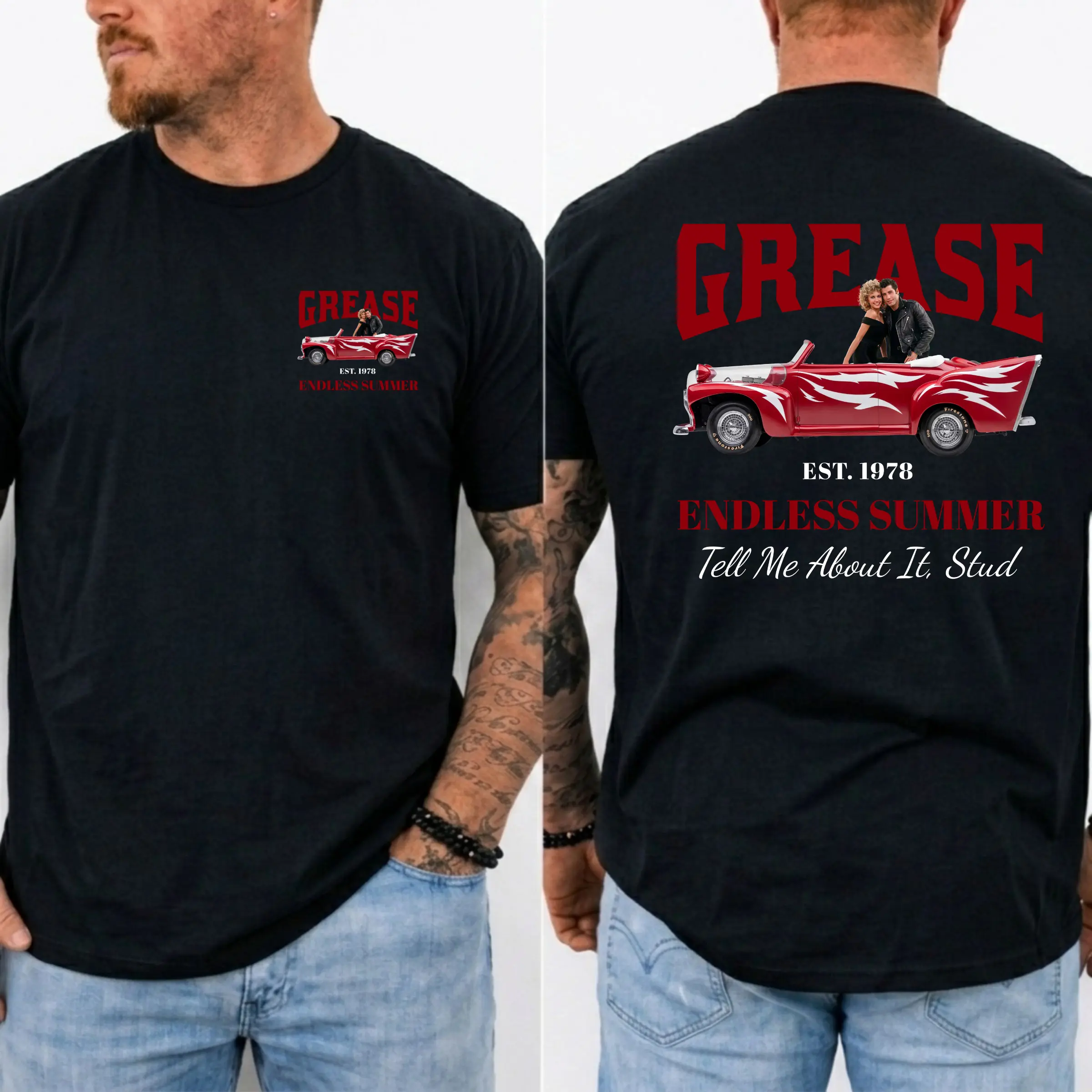Grease Endless Summer Est. 1978 Two-Sided T-Shirt, Tell Me About It Stud Vintage Movie Car Graphic Tee, Rydell High School Retro 80s Film Shirt for Men Women Fans