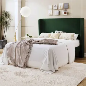 Full/Queen/King Size Corduroy Upholstered Platform   With Vertical Channel Tufted Wingback Headboard, 8" Under  Storage, Wooden Slats Support, Metal  Support, Easy Assembly, Green Bed Frame