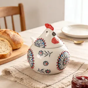 Salt Cellar with Lid 13 OZ  Chicken-shaped Ceramic Salt Holder with Lid and Spoon for Counter Coffee, Sugar  Spices and Candies