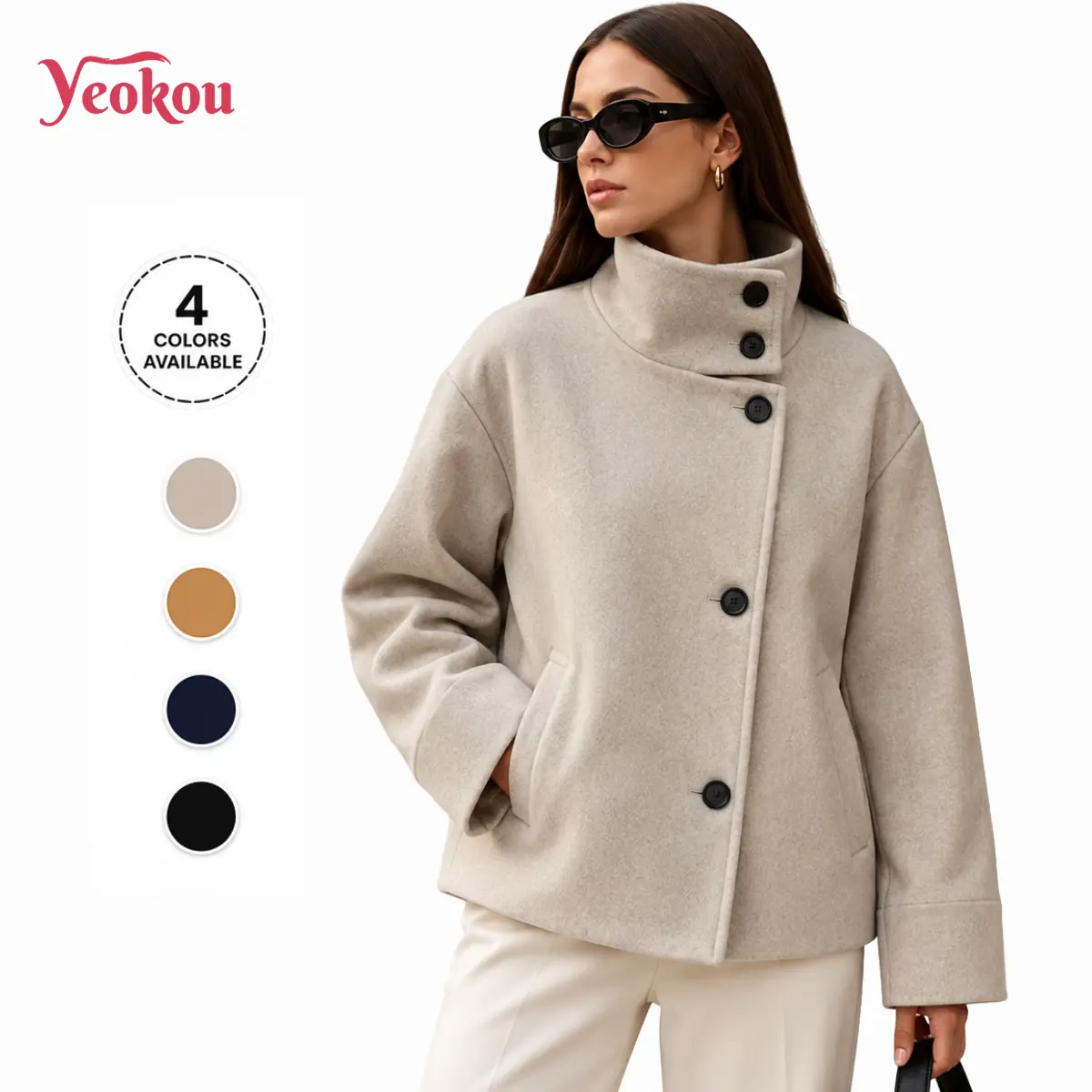 Yeokou Women's Cute Minimalist Basic Crop Pea Coat - Wool Blend, Loose Casual Autumn Winter Short Outerwear Jacket, Chic, Causal