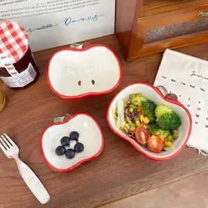 2025 Apple Shaped Ceramic Salad Bowl Soup Noodle Ramen Rice Bowl Family Fruit Snack Pretty Bowls Ceramic Pasta Bowls Utensils for Kitchen Tableware