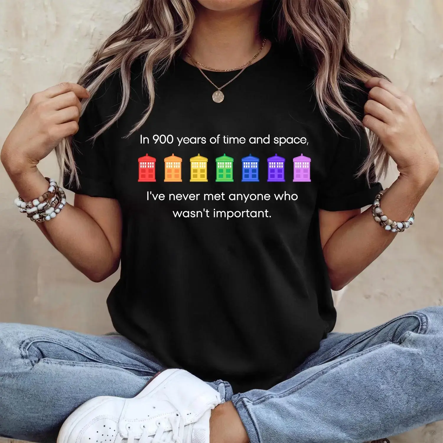 Celebrate Pride Rainbow Police Box Cotton T-shirt Featuring 11th Doctor Quote and Doctor Who Parody for LGBT Pride Month