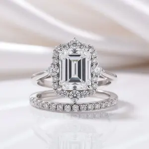 Unique Halo Emerald Cut Wedding Ring Set