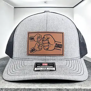 Dad Kids First Bump With Personalized Names Leather Patch Trucker Hat, Dad Cap, Richardson 112 Papa Hat, Gifts For Him, Father's Day