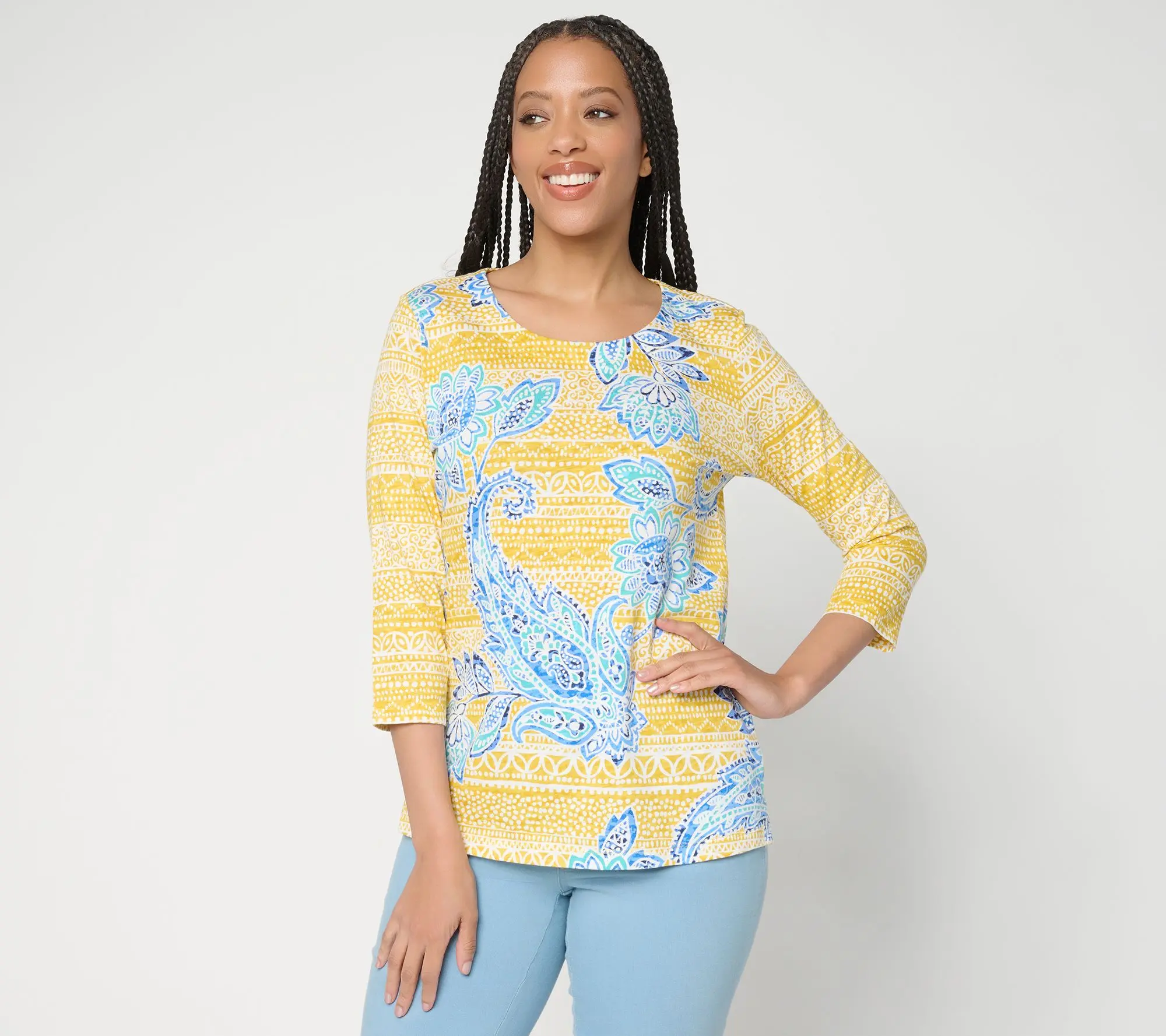 Belle Boho by Kim Gravel Slub Knit Indigo Bloom 3/4 Sleeve Top
