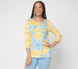 Belle Boho by Kim Gravel Slub Knit Indigo Bloom 3/4 Sleeve Top