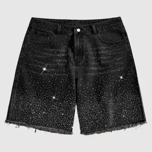 Men's Cotton Y2K Gradient Rhinestone Denim Shorts, Black Washed Baggy Jean Shorts with Sparkly Starry Crystal Studs & Frayed Hem, Grunge Streetwear Jorts for Men