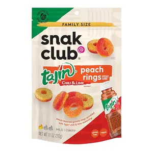 Snak Club Peach Rings, Tajin Chili & Lime Seasoned, Sweet and Spicy Gummy Candy, Mild in Heat Bold in Flavor, Low-Fat, Vegan, Gluten-Free Snack, Family Size, 11 Ounce