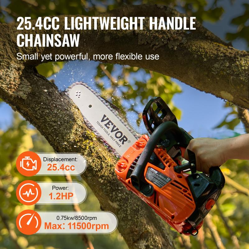 VEVOR Gas Chainsaw,  , 25.4CC 12" 1.2HP, Gasoline Powered Chain Saw, Handheld Cordless Petrol Chainsaws for Tree Wood Branch Cutting, Tree Trimming, Land Clearing, Farm Garden Ranch Forest Cutting Use