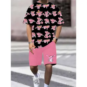 Pink Panther Men's 2 Piece Outfit Tracksuit Set Short Sleeve Shirt and Shorts for Vacation, Workout, or Everyday Casual Style