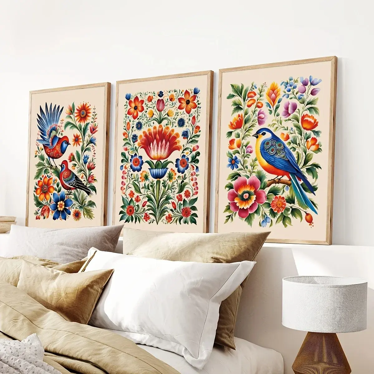3pcs/set Frameless Art Deco/Modern/Minimalist Flower and Bird Art Prints, Polish Folk Art Posters with Fashion and Floral Themes, Canvas Wall Art Ideal Gift for Living Home Decoration, Inspirational Wall Art