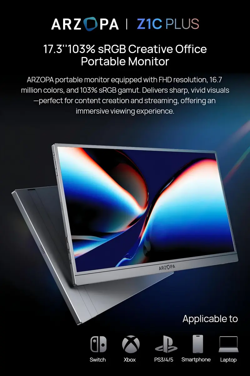 Product Introduction of ARZOPA Portable Monitor 16.1"/17.3" FHD 1080P 60Hz/144Hz Laptop Screen Extender for PC Mac Xbox Switch PS5 iPhone IPS Display Computer Display HDR External Screen Game Workfromhome 1