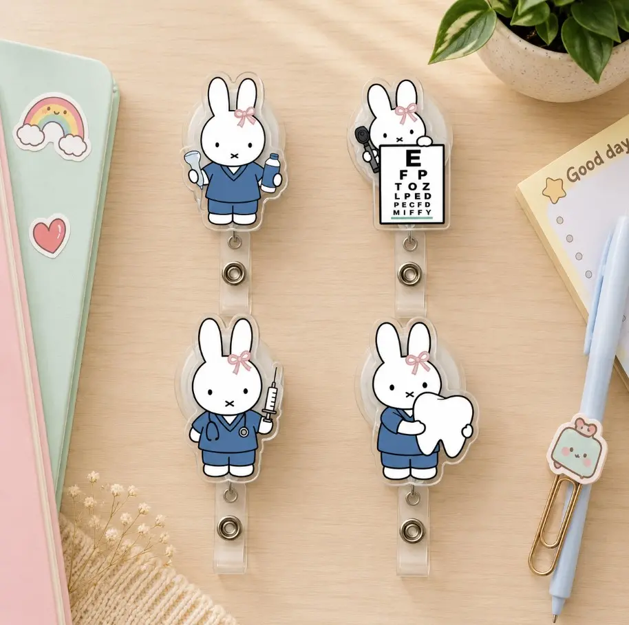 Cute Bunny Rabbit Sparkly Retractable Badge Reel Kawaii Snellen Chart Syringe Tooth Ultrasound Acrylic ID Holder For Nurse Dentist Tech Gift