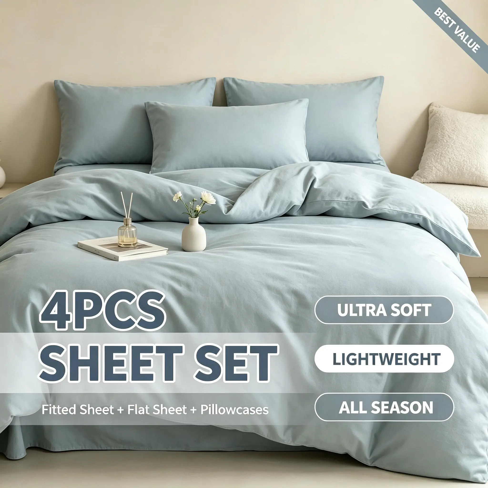 4/6pcs All Season Bed Sheet Set, Solid Color Bedding, Soft Breathable Smooth Sheets, Fitted Sheet with Flat Sheet & 2 Pillowcases, Twin Full Queen King Size, Bedroom Dorm Bedding, Back to School, Christmas Gift, Halloween Gift Silky Fitted Sheet Silky Sat