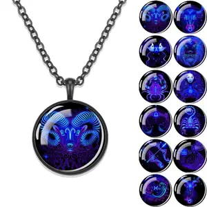 Stylish Men’s Zodiac Sign Necklace – Luminous Blue Glass Pendant with Black Alloy Chain, Funky Constellation Jewelry Gift