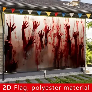 2D Flat, 1pc 2D Bloody Horror Handprint Halloween Banner, 180cm/110cm, 70.8in/43.3in, made of polyester fabric, does not require electricity, can be used as a photo backdrop decoration.,  Halloween Decoration, Eerie Design, Scary Print, Dur
