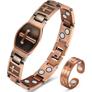 Copper Bracelet for Men Double Row Ultra Strength Magnets Pure Copper Magnetic Bracelet & Ring with Adjustable Sizing Tool (Cross)