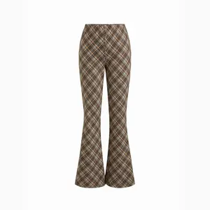 Cider Plaid Jacquard Mid Rise Elastic Waist Flared Trousers