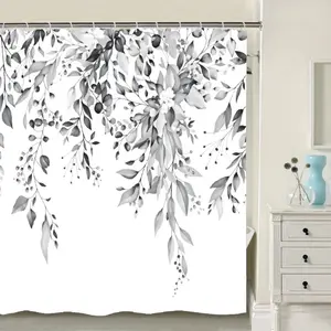 Grey Eucalyptus Shower Curtain, Watercolor Plant Leaves with Floral Bathroom Shower Curtain Set, Gray White