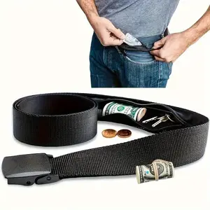 Travel Security Belt with Hidden Money Pocket - TSA Approved Nylon Anti-Theft Wallet Belt, Concealed Zipper Cash Stash, Casual Durable Multifunctional Travel Accessory with Plastic Buckle, Black - 1 Pack