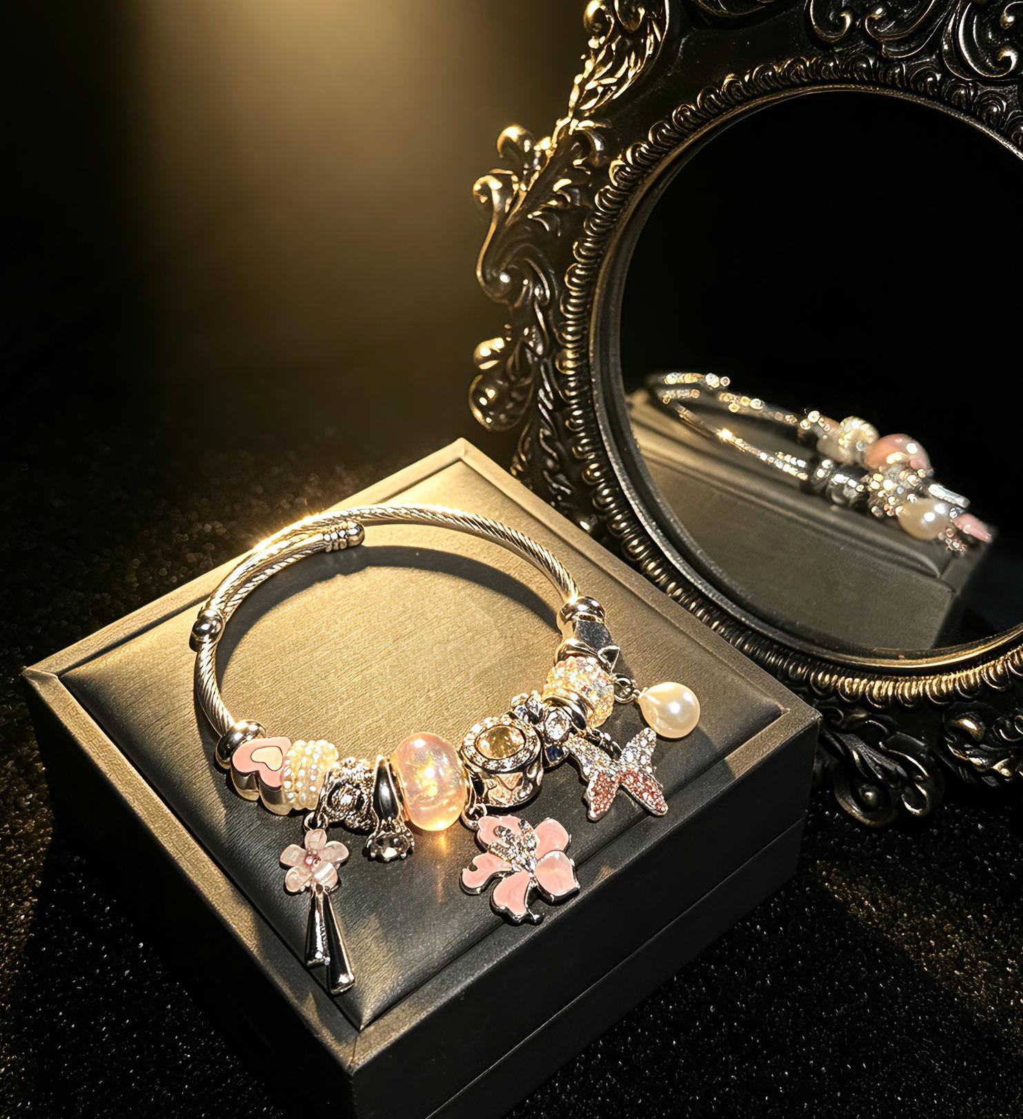 Women's Pink Enamel Charm Open Cuff Bangle Bracelet - Silver-Toned Wire Bangle with Star, Flower, Pearl, Crystal Charms - Sparkling Costume Fashion Jewelry Accessory