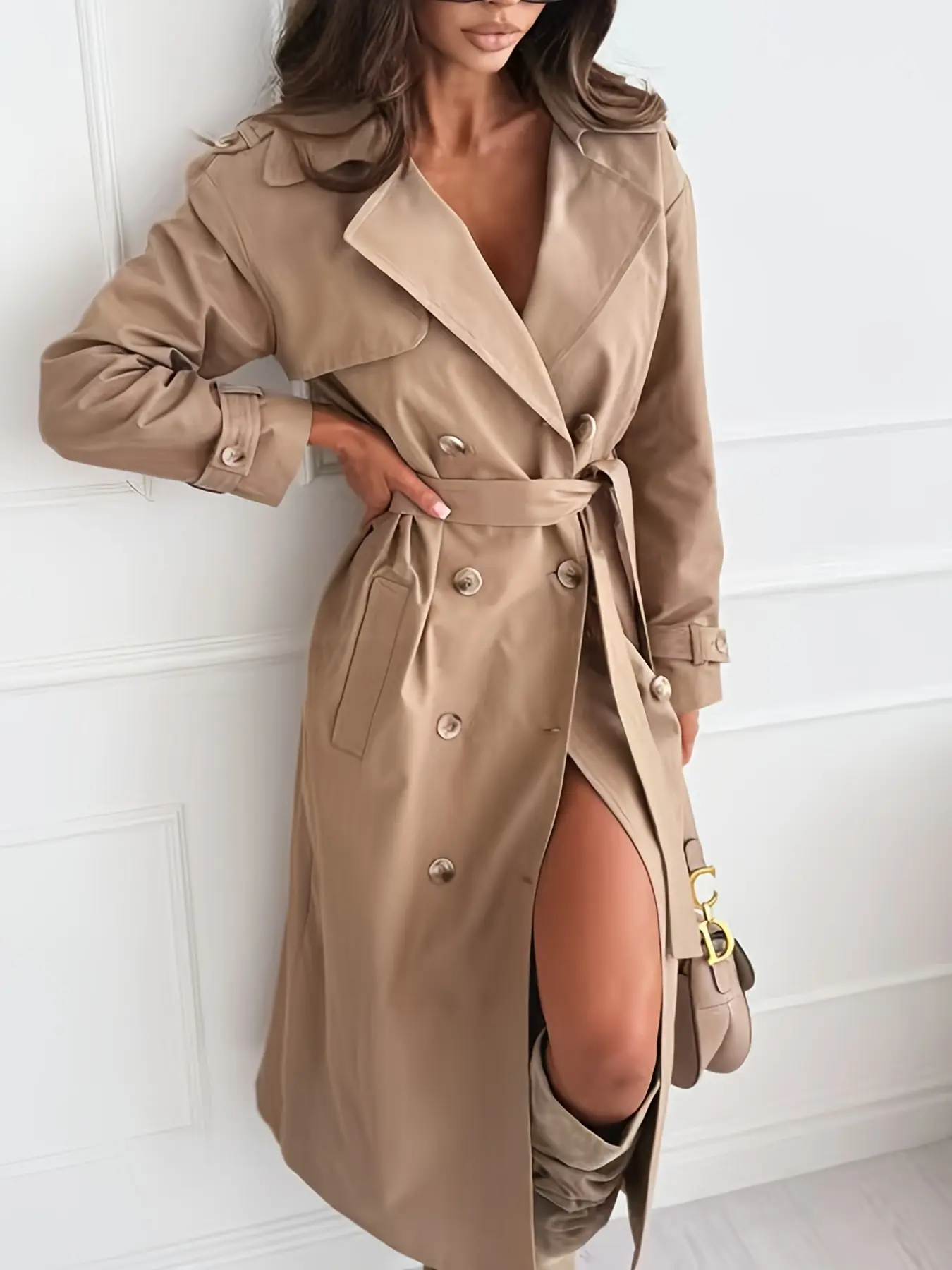 Women’s Double-Breasted Lapel Casual Trench Coat, French Elegance with Waist Belt and Lined Design, Perfect for Commuting and Dating, Jackets