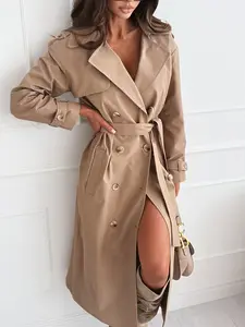 Women’s Double-Breasted Lapel Casual Trench Coat, French Elegance with Waist Belt and Lined Design, Perfect for Commuting and Dating, Jackets