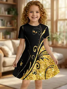 Girls Summer Black Gold Foil Print Dress, Kids Luxury Style Crew Neck Short Sleeve A-Line Princess Dress