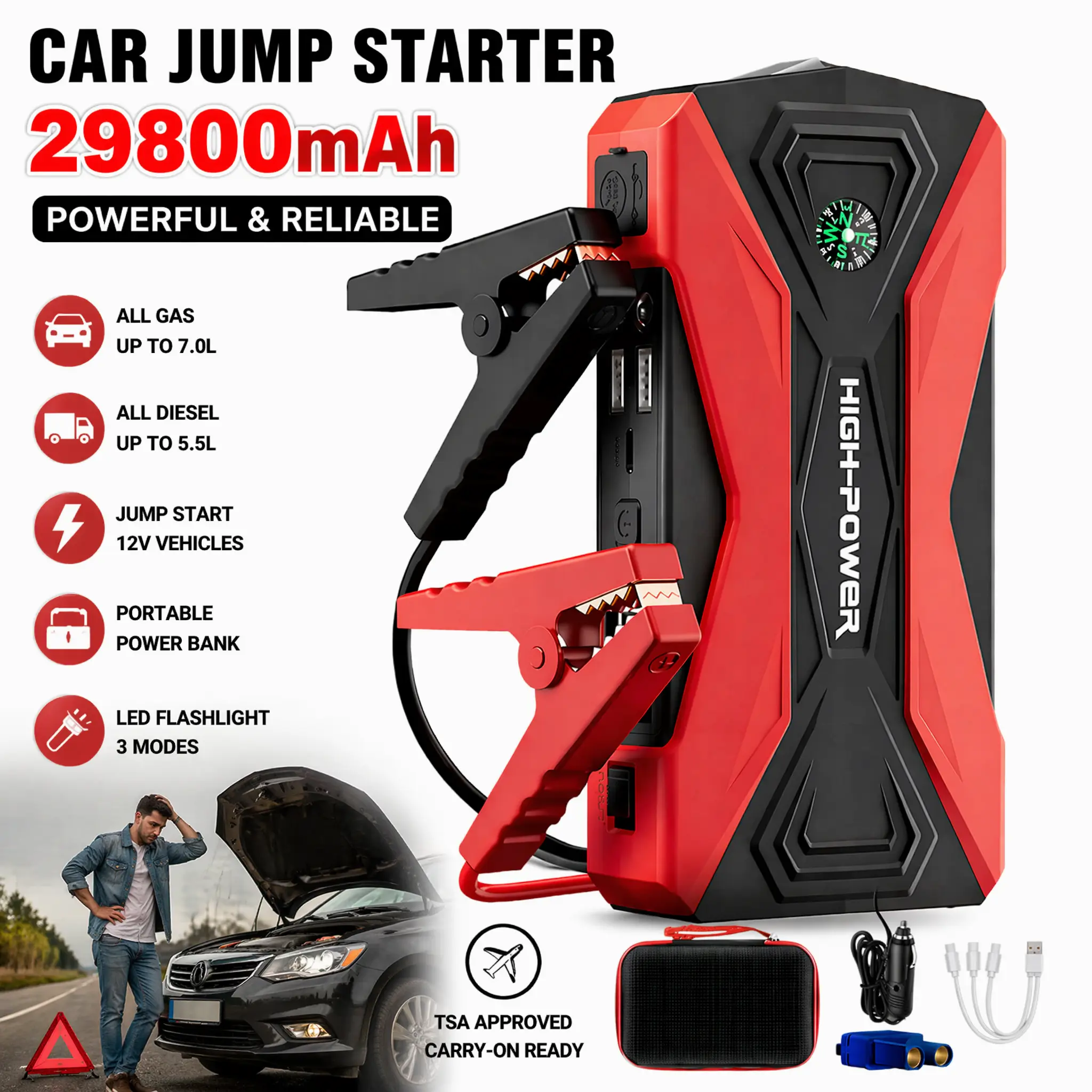 29800mAh Car Jump Starter Portable Battery Booster – 12V Emergency Jump Starter for Cars, SUVs, Trucks