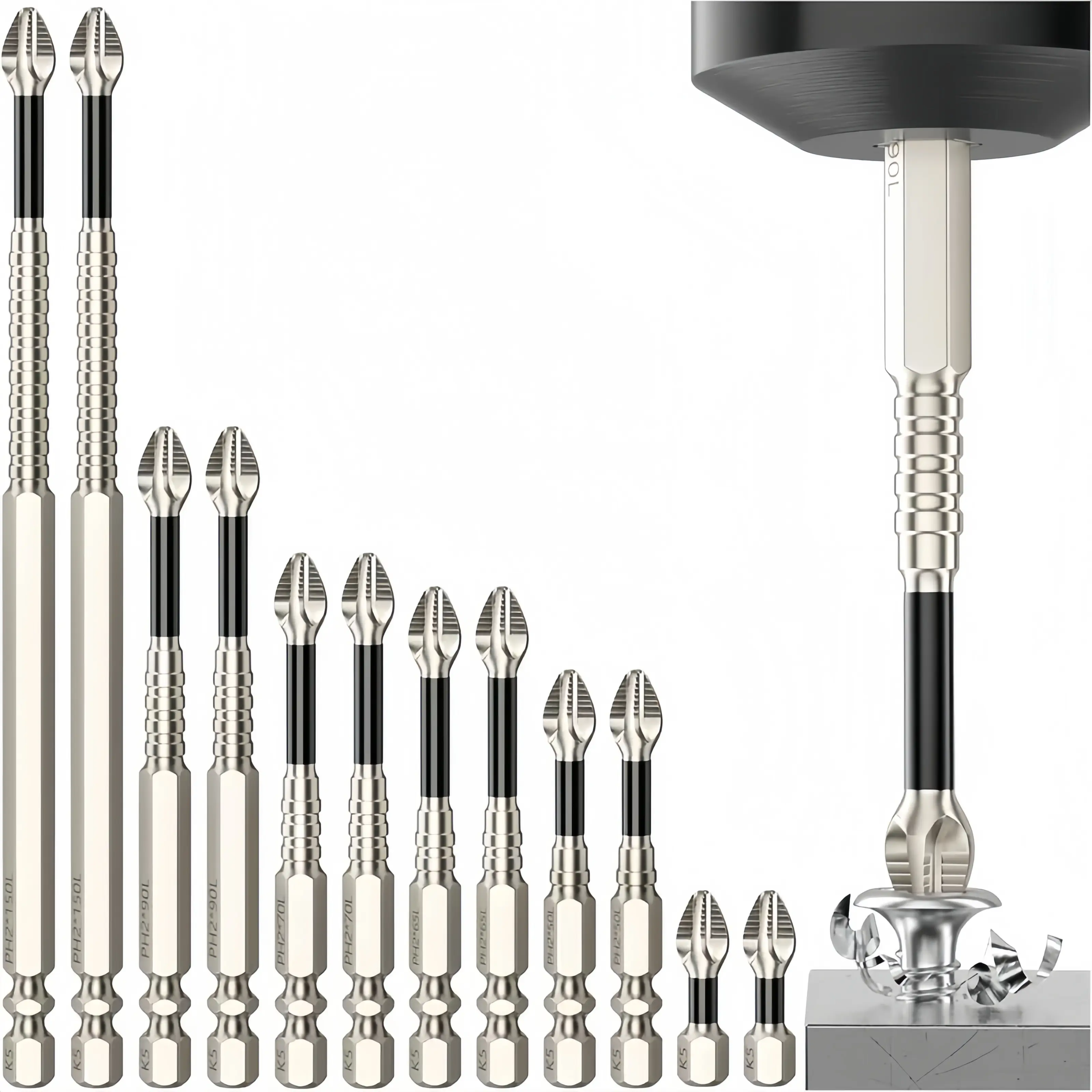 ADESKE（T） High Magnetic Screwdriver Bit Set - 9 Piece K5 Impact-Resistant Non-Slip Drill Bits - Non-Slip Electric Screwdriver Bit Set - 25 50 65 70 75 90 100 120 150 (9 Pieces)
