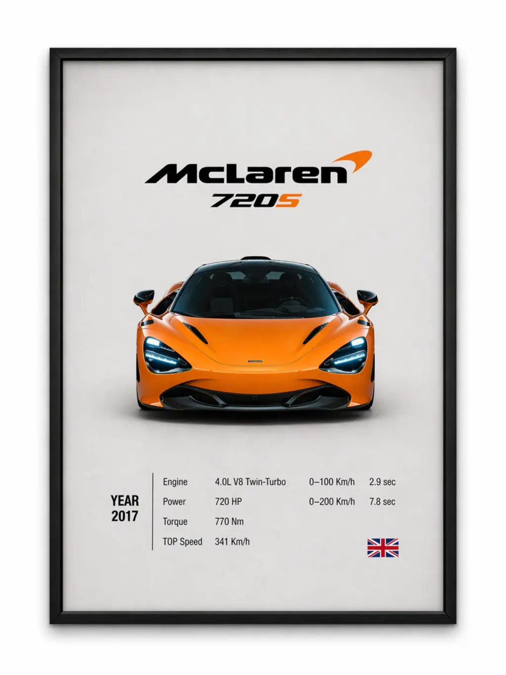 Mclaren 720s Poster Decor Luxury Print Wall Art | Decor With Black Frame | Gift for Car Lovers