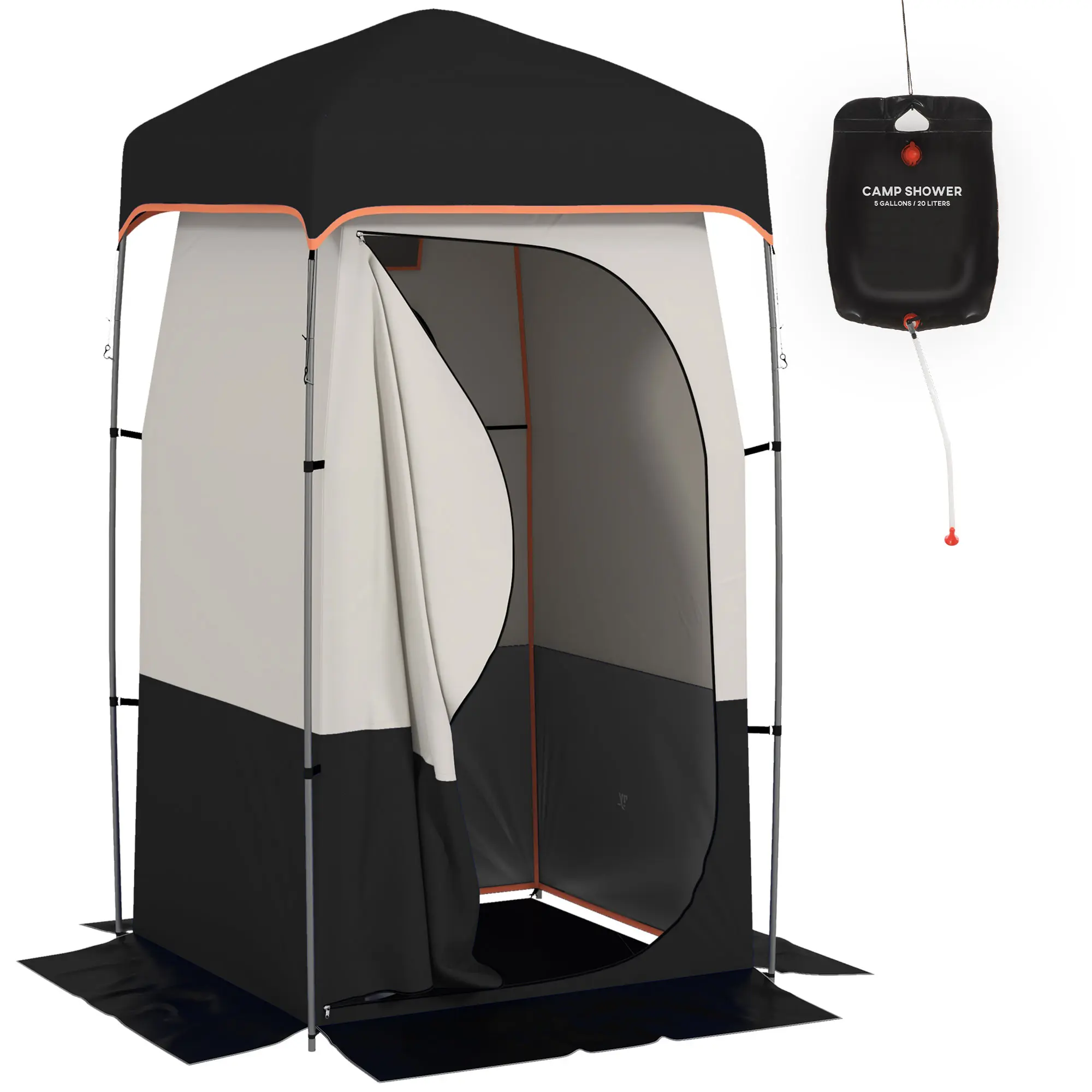 Camping Shower Privacy Shelter Tent Complete Kit - 5.3 Gal Solar Shower Bag, Removable Washable Floor, Double Mesh Roof with Detachable Rainfly, Double-Layer Vent Window, Side Storage Pocket, UPF25-39 Sun Protection